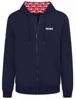 Navy full‑zip hoodie with front pockets and a white RE/MAX logo on the left chest, featuring a hood lined with a red, white, and blue patterned balloon design.