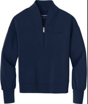 Navy long‑sleeve quarter‑zip pullover with a subtle tonal RE/MAX logo on the left chest and ribbed cuffs and hem.