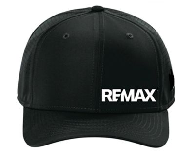 Black baseball cap with a curved brim and the white RE/MAX logo printed on the front.