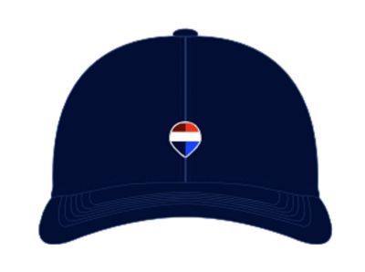 Navy baseball cap with a small red, white, and blue RE/MAX balloon icon centered on the front, shown from the front and side views, with a white RE/MAX logo printed on the side.