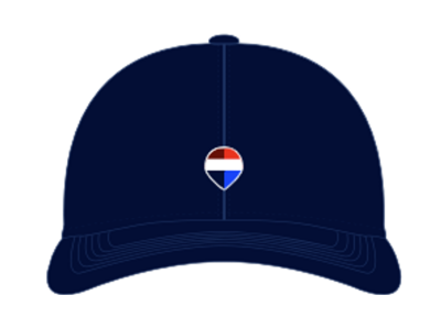 Navy baseball cap with a small red, white, and blue RE/MAX balloon icon centered on the front, shown from the front and side views, with a white RE/MAX logo printed on the side.