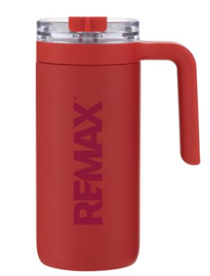 Red insulated travel mug with a handle, clear lid, and vertical RE/MAX logo printed on the side.