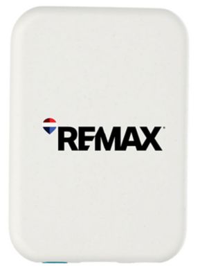 White rectangular power bank with rounded edges, featuring the RE/MAX logo and balloon icon printed on the front.