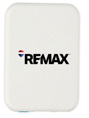 White rectangular power bank with rounded edges, featuring the RE/MAX logo and balloon icon printed on the front.