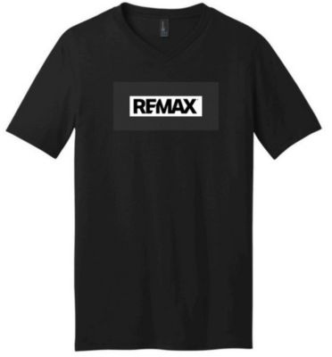 Black V‑neck T‑shirt with a white RE/MAX logo centered on the chest.