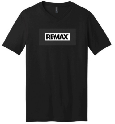 Black V‑neck T‑shirt with a white RE/MAX logo centered on the chest.