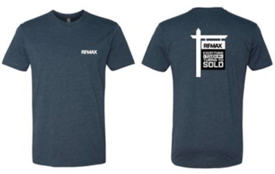 Dark blue T‑shirt with a small RE/MAX logo on the front and a white yard‑sign graphic with “Everything I Touch Turns to Sold” on the back.