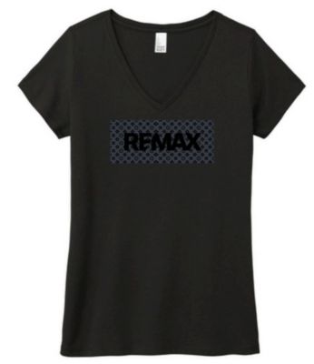 Black women’s V‑neck T‑shirt with a dark patterned rectangular graphic on the chest featuring the RE/MAX logo in black.