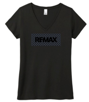 Black women’s V‑neck T‑shirt with a dark patterned rectangular graphic on the chest featuring the RE/MAX logo in black.