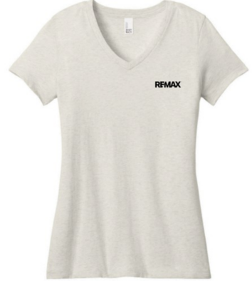 Oatmeal women’s V‑neck T‑shirt with a small black RE/MAX logo on the left chest.