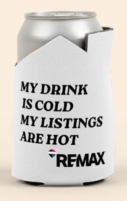 Navy Blue can koozie shaped like a house with the text “MY DRINK IS COLD MY LISTINGS ARE HOT” in black and the RE/MAX logo printed at the bottom.