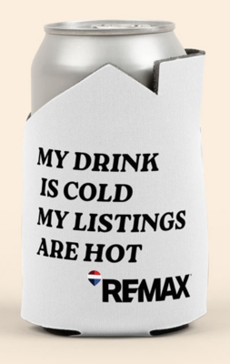 Navy Blue can koozie shaped like a house with the text “MY DRINK IS COLD MY LISTINGS ARE HOT” in black and the RE/MAX logo printed at the bottom.
