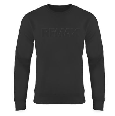 Black crewneck sweatshirt with a subtle embossed logo across the chest.