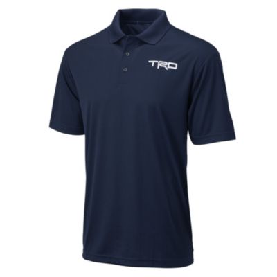 A navy blue polo shirt with a collar and three buttons. The shirt has the 'TRD' logo embroidered in white on the left chest area.