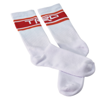 White crew socks with red and black stripes near the top, featuring 'TRD' in white within the red stripe.