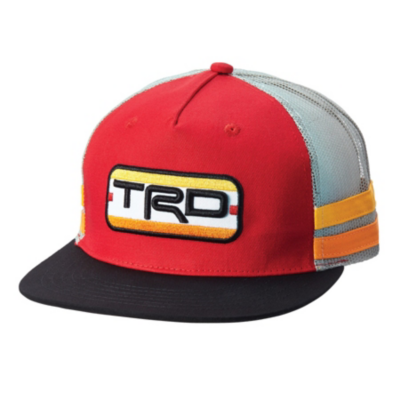 A red and gray baseball cap with a black brim, featuring a 'TRD' logo on the front patch.