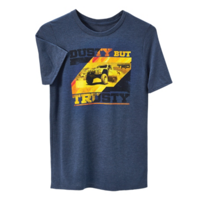 A blue t-shirt with a graphic of a yellow and black off-road vehicle and the words 'DUSTY BUT TRUSTY.