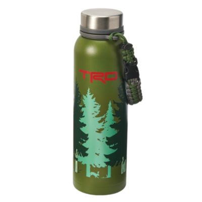 A green water bottle with a silver cap, featuring evergreen trees and 'TRD' in red near the top. A paracord handle is attached to the neck.