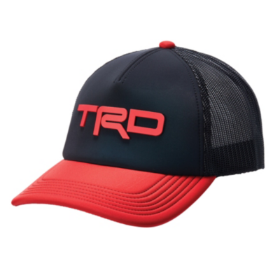 Black and red trucker hat with a mesh back. The front panel is black with ""TRD"" in bold, red, three-dimensional text. The brim is solid red.