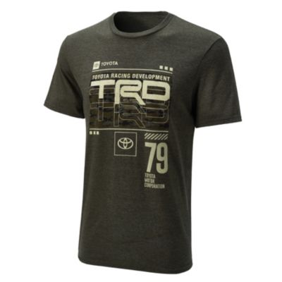 Black T-shirt with a graphic design featuring ""TOYOTA RACING DEVELOPMENT"" at the top, a large ""TRD"" in bold letters, and smaller text ""79"" and ""TOYOTA MOTORSPORTS"" below. 