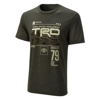 Black T-shirt with a graphic design featuring ""TOYOTA RACING DEVELOPMENT"" at the top, a large ""TRD"" in bold letters, and smaller text ""79"" and ""TOYOTA MOTORSPORTS"" below. 