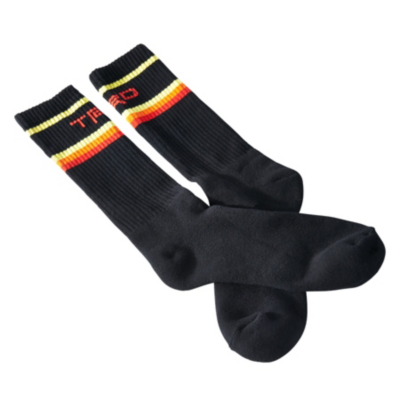A pair of black socks with ribbed cuffs. Each sock features three horizontal stripes near the top in yellow, red, and orange colors. The word 'TIRO' is written in red on the front side of each sock just below the stripes