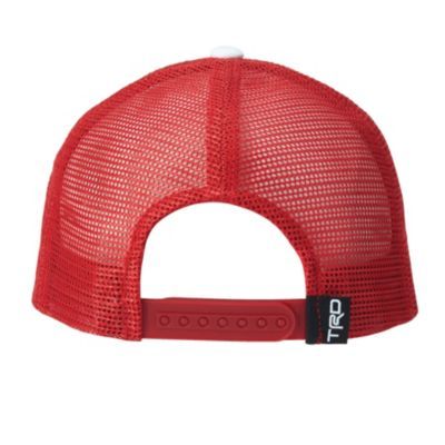 Back view of red mesh TRD trucker hat with snapback closure.