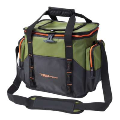 A green and black insulated cooler bag with the 'TRD Pro' logo in orange on the front. The bag has a main compartment with a zipper closure, two side pockets with zippers, and an adjustable shoulder strap