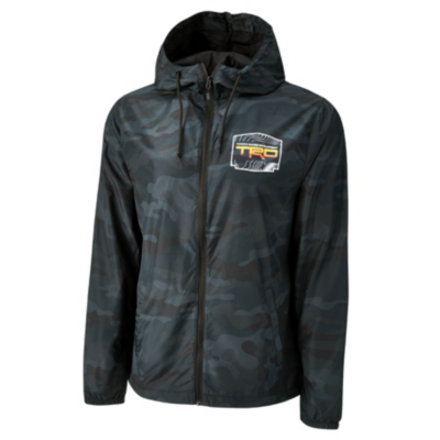 Black camouflage-patterned hooded jacket with a front zipper. The left chest area features a patch with ""TRD"" in bold letters and additional smaller text and graphics.