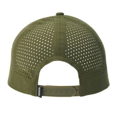 Back view of olive green cap with perforations and adjustable strap, and a TOYOTA tag
