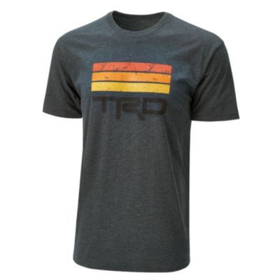 Dark gray T-shirt with three horizontal stripes in red, orange, and yellow on the front, and black 'TRD' text below the stripes