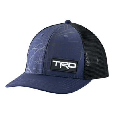 Navy front with black mesh back. Subtle black map design printed on front with TRD logo on rubber patch on front left of cap. Snapback.