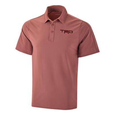 Canyon clay colored performance polo with snap buttons. TRD logo embroidered in tonal on left chest.