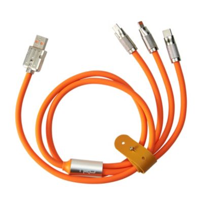 An orange multi-connector charging cable with a USB-A connector on one end and three different connectors on the other end: a micro-USB, a USB-C, and an Apple Lightning connector