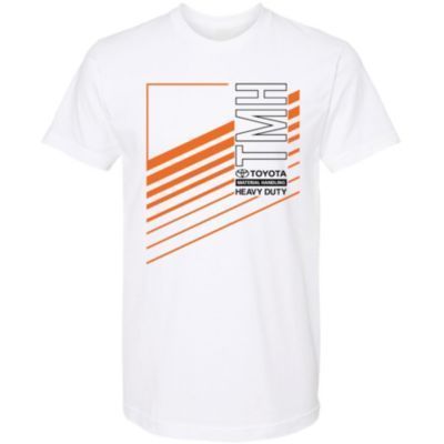 White crewneck tee, small size, with bold stripe design and soft cotton fabric.