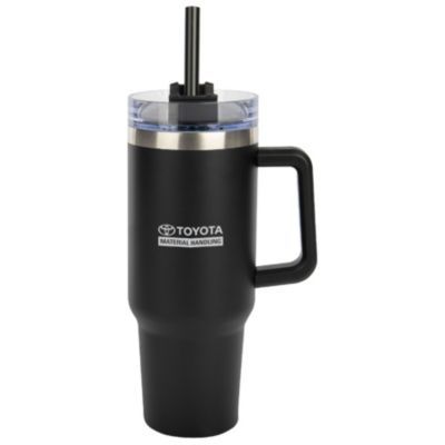 Black insulated tumbler with screw-top lid and sleek matte finish, ideal for hot or cold drinks.