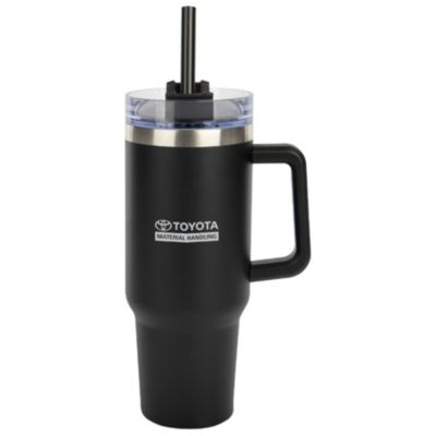 Black insulated tumbler with screw-top lid and sleek matte finish, ideal for hot or cold drinks.