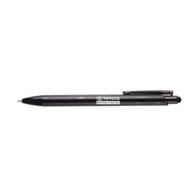 Black metal pen with stylus tip, featuring sleek barrel and click-action mechanism.
