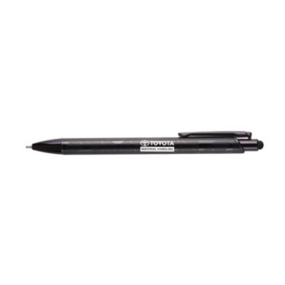 Black metal pen with stylus tip, featuring sleek barrel and click-action mechanism.
