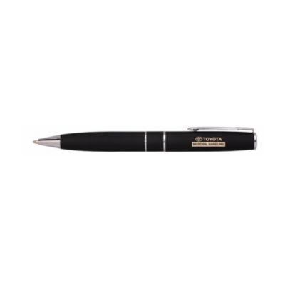 Black ballpoint pen with smooth grip and silver accents, designed for everyday writing.