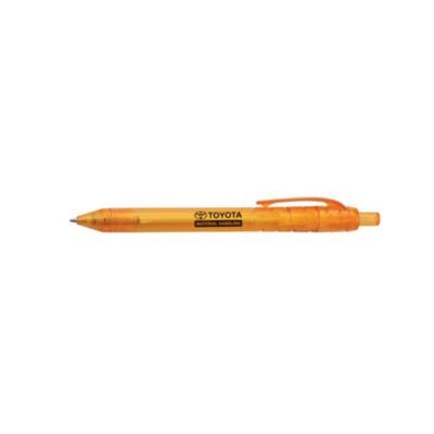 Orange ballpoint pen with translucent barrel and click-top design, lightweight and functional.