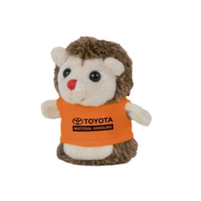 Plush hedgehog toy with orange shirt, soft and cuddly, ideal for gifting or display.