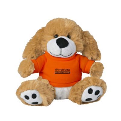 Plush dog toy with oversized paws and orange tee, measuring 6 inches tall.