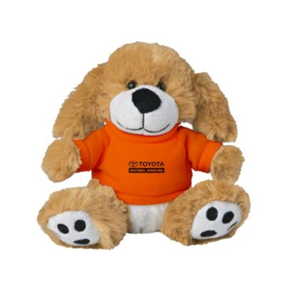 Plush dog toy with oversized paws and orange tee, measuring 6 inches tall.