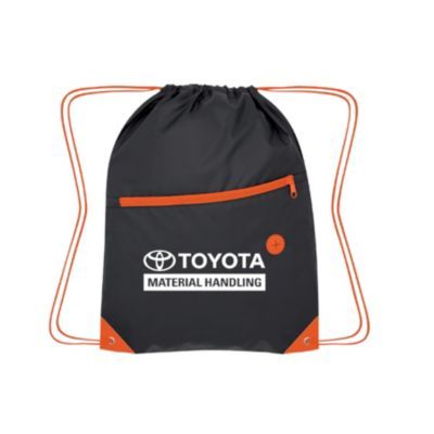 Black and orange drawstring bag with color pop design and reinforced corners.
