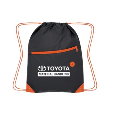 Black and orange drawstring bag with color pop design and reinforced corners.