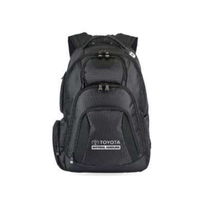 Black backpack with multiple compartments, padded straps, and rugged design.