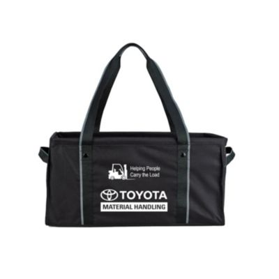 Black utility tote with open top, sturdy handles, and spacious interior for daily use.