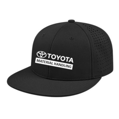 Black performance cap in S/M size with flex-fit design and breathable fabric.