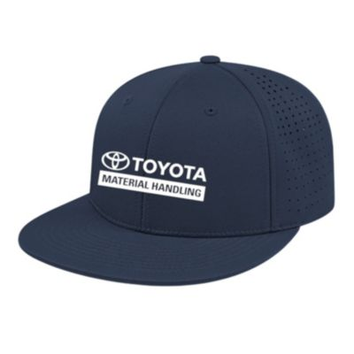 Navy performance cap in S/M size with flex-fit design and breathable fabric.